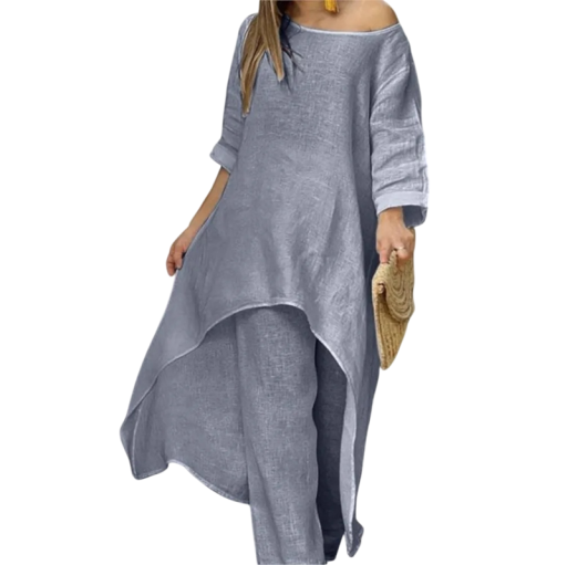 Ladies' Set with Asymmetrical Tunic and Wide Trousers Made of Polyester and Cotton Casual Two-Piece Outfit for Everyday Wear