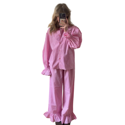 Ladies' Shirt and Trouser Set with Long Sleeves Check Pattern in Cotton Ruffles on Sleeves and Trouser Hems Button Fastening Home and Outdoor Wear
