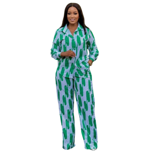 Ladies' Shirt and Trousers Set Long Sleeve Shirt Collar and Buttons Abstract Pattern Wide Leg Trousers Polyester For Leisure and Social Occasions
