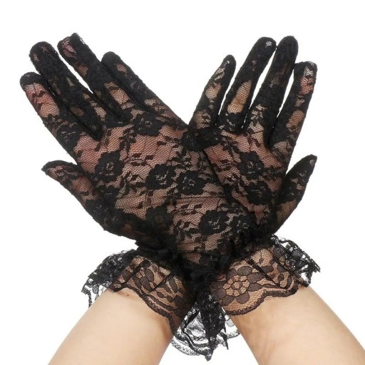Ladies' Short Lace Gloves with Ruching, Full-Finger, Breathable Polyester Evening Gloves for Festive and Formal Occasions