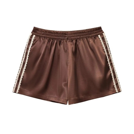 Ladies' Silk Satin Shorts with Decorative Lace on the Side and Elastic Waist in Brown for Sleeping at Home and Relaxation