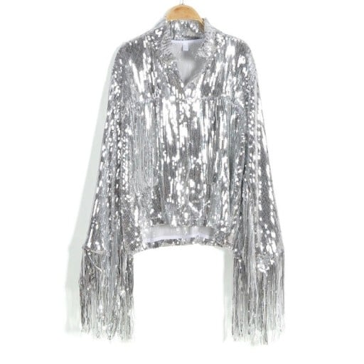 Ladies' Silver Sequin Jacket with Tassels and Long Fringes Fringes on the Sleeves and Chest Shirt Collar Short Loose Fit Polyester