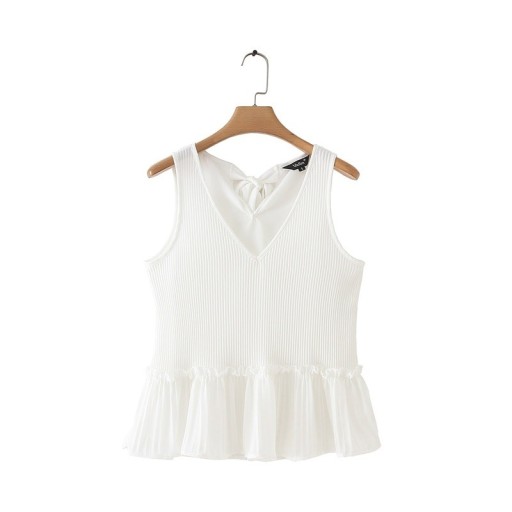 Ladies' Sleeveless Blouse with a V-Neck Bow on the Back Softly Pleated Fabric Frill Hem Polyester for Warm Weather