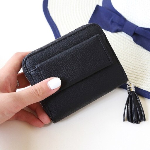 Ladies' Small Zip Wallet with Tassel Front Flap Pocket PU Leather Wallet with Textured Surface Dimensions 10.5 x 8.5 x 2 cm