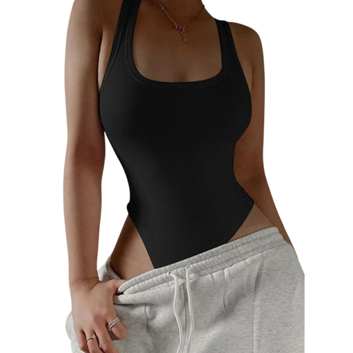 Ladies' Strappy Bodysuit with Deep Round Neckline and Fitted Elastic Cut