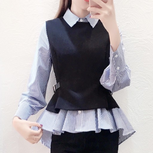 Ladies' Striped Blouse with Removable Black Vest Two-Layered Look Shirt Collar Long Sleeves Ruffled Hem Longer at the Back Cotton