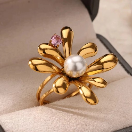 Ladies' Subtle Open Adjustable Gold Flower Ring with Pearl and Gemstone Stainless Steel Elegant Jewellery for Everyday Wear