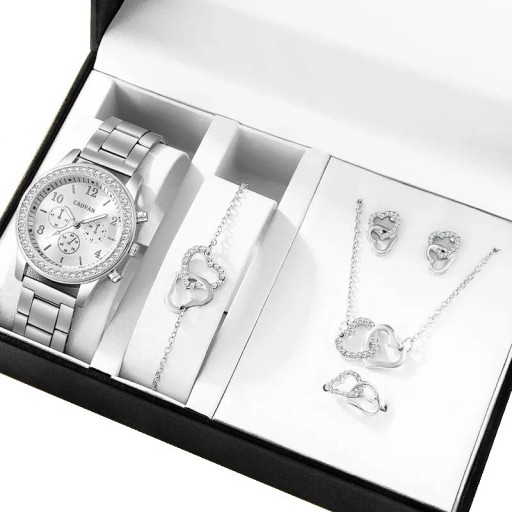 Ladies' Watch and Jewellery Set Alloy Necklace Bracelet Earrings Ring Joined Hearts Elegant Accessories Gift for Women