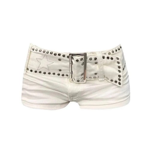 Ladies' White Denim Shorts in Cowboy Style with Low Waist and Decorative Studded Belt