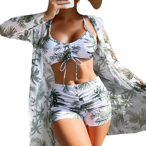 Ladies' White Tankini Swimsuit with Cover-Up and Tropical Pattern Polyester Elastane Three-Piece Swimwear for Beach and Swimming