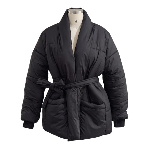Ladies' Winter Quilted Jacket with Tie Belt and Shawl Collar Wrap Puffer Jacket with Wide Sleeves