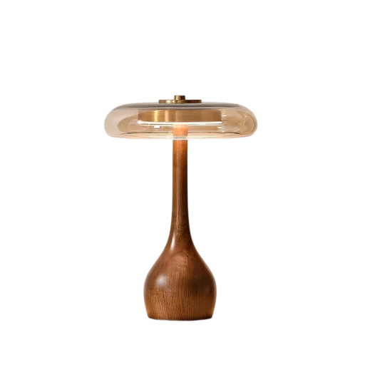 Lampă de birou cu design ciupercă, 31.5 x 22 cm, 12W, lumină albă rece, lemn cu abajur din sticlă, maro, pentru dormitor