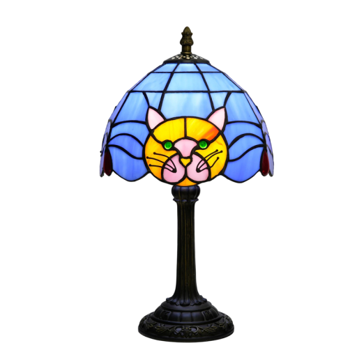 Lampă de birou Tiffany albastră cu motiv de pisică, abajur decorativ, lampă de noapte și accesoriu pentru dormitor și living