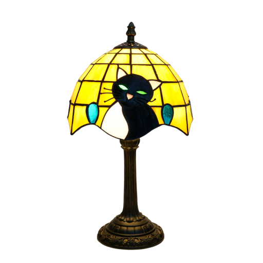 Lampă de birou Tiffany galbenă cu pisică neagră, abajur decorativ, picior ornamentat, lampă de noapte și accesoriu pentru dormitor și living