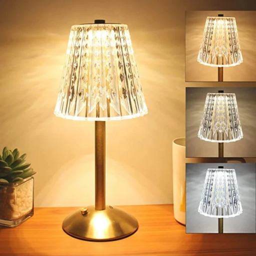 Lampă de masă reîncărcabilă tactilă, lampă wireless reglabilă, 3 culori de lumină, abajur de cristal, iluminat decorativ interior