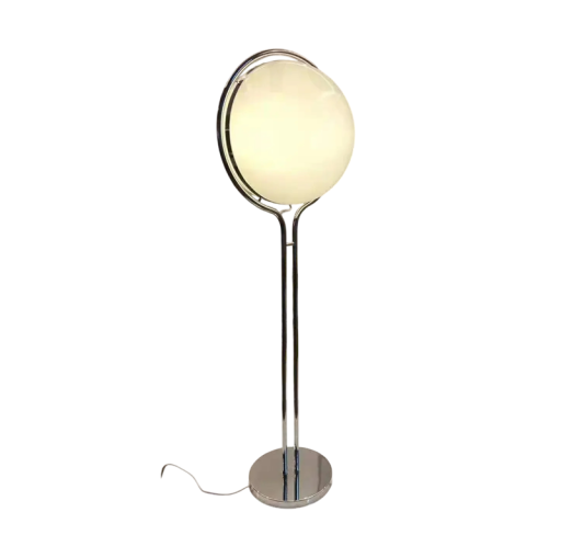 Lampă de podea cu abajur sferic pe suport înalt, 120 x 40 cm, lumină albă caldă, metal, argintie, pentru living și birou