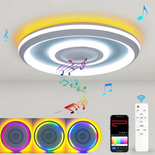 Lampada da soffitto LED intelligente musicale con altoparlante Bluetooth, illuminazione RGB e dimmerazione tramite app, 80 W, diametro 48 cm e altezza 7,5 cm