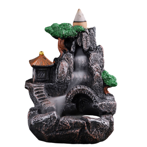 Lámpara aromática con humo que fluye Pequeña decoración con cascada de humo Soporte para conos de incienso Incensario con ahumador de retorno Chimenea perfumada con motivo de puente de piedra 10 x 8,5 x 11,5 cm