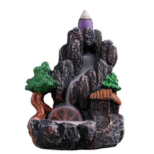 Lámpara aromática con humo que fluye Pequeña decoración con cascada de humo Soporte para conos de incienso Incensario con ahumador de retorno Chimenea perfumada con motivo de rueda de agua 10 x 9 x 11,5 cm