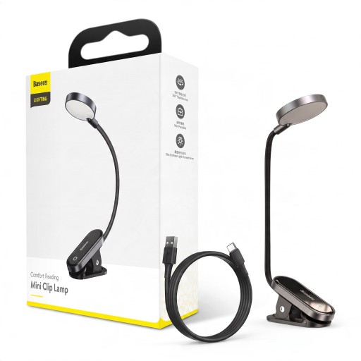 Lámpara LED Baseus con clip Regulable Táctil Recargable por USB Inalámbrica Gris Lámpara de lectura para libros y portátiles y luz nocturna