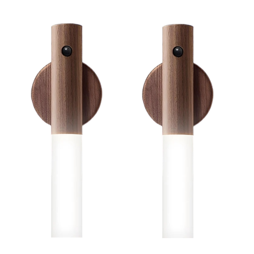 Lampe de nuit LED en bois avec capteur de mouvement 2 pièces Lampe murale magnétique Éclairage nocturne Lumière sans fil 18 x 2,5 cm