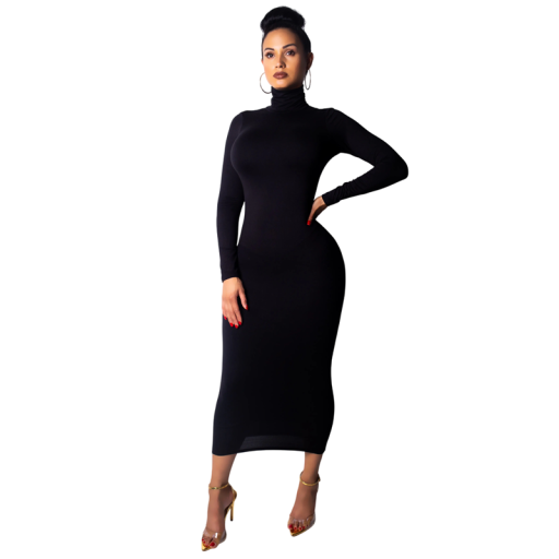 Lang, tætsiddende kjole med rullekrave Elegant elastisk kjole med lange ærmer Bodycon-design til aften og sociale lejligheder