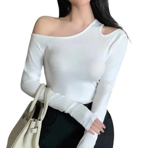 Langarm-T-Shirt für Damen. Asymmetrischer Schnitt mit freier Schulter. Elegantes Taillentop. Modisches T-Shirt für den Abend und den Tag.