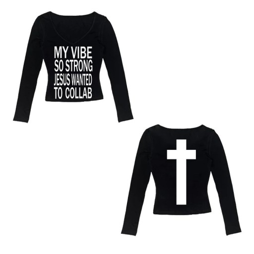 Långärmad T-shirt för dam, v-ringad, streetwear med kristet motivtryck framtill och kors baktill, snygg Faith in Fashion