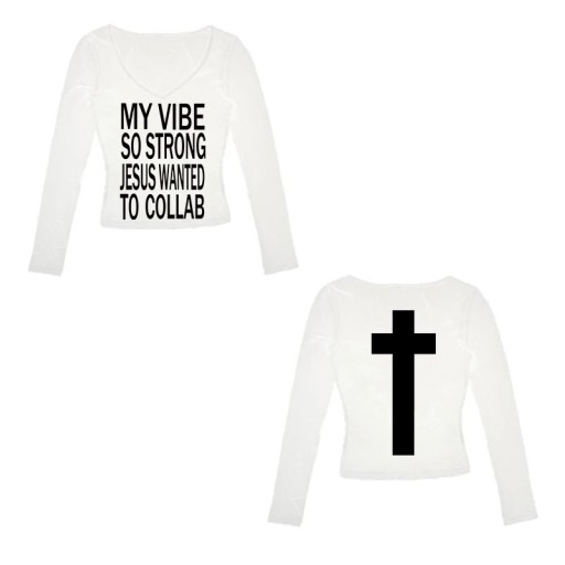 Långärmad T-shirt för dam, v-ringad, streetwear med kristet motivtryck framtill och kors baktill, snygg Faith in Fashion