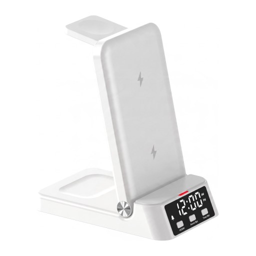 Langaton latausasema 3 in 1 herätyskellolla 15 W Kokoontaitettava teline puhelimelle Samsung-kelloille ja kuulokkeille LED-kellot Valkoinen Yöpöydälle