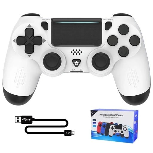 Langaton ohjain PS4:lle/PC:lle/iOS:lle/Androidille. Musta tai valkoinen Bluetooth-peliohjain, jossa on värinä, gyroskooppi, ääniliitäntä