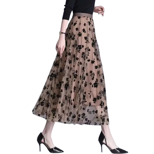 Langer A-Linien-Rock mit Blumenmuster, leichter Gaze-Rock mit hoher Taille, sommerlicher, fließender Maxirock für Damen, elegante, lockere Passform