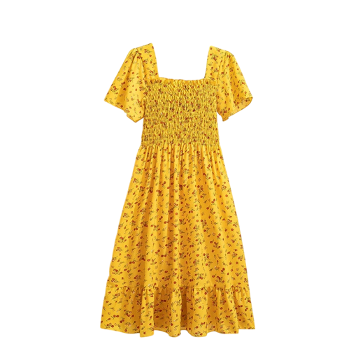 Langes Blumenkleid mit gerüschtem Oberteil und gerüschtem Saum Romantisches Sommerkleid mit kurzen Ärmeln und quadratischem Ausschnitt