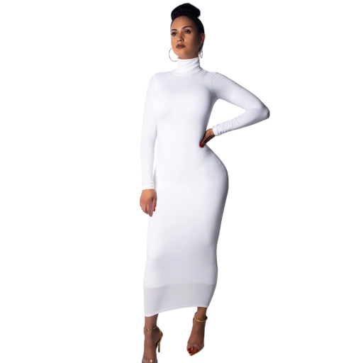 Langes, tailliertes Kleid mit Rollkragen. Elegantes, elastisches Kleid mit langen Ärmeln. Figurbetontes Design für Abend- und gesellschaftliche Anlässe.