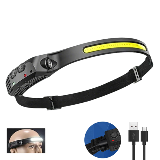 Lanterna frontal com fita LED e sensor de movimento Lanterna frontal recarregável Lanterna à prova de água para correr, caminhadas, trabalho e campismo