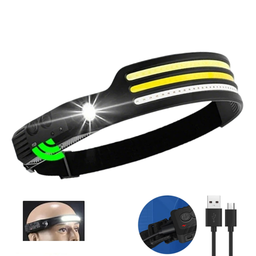 Lanterna frontal com fitas LED e sensor de movimento Lanterna ajustável para a cabeça Lanterna recarregável para a natureza Luz de trabalho Camping