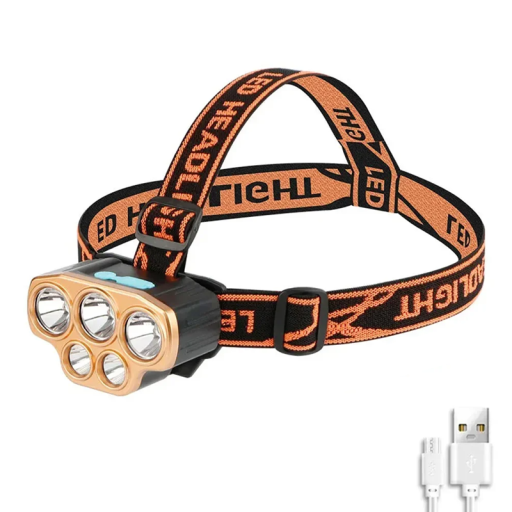 Lanternă frontală cu 5 LED-uri și încărcare USB Lanternă frontală puternică Curea reglabilă Cap rotativ la 90° Lanternă frontală reîncărcabilă pentru exterior