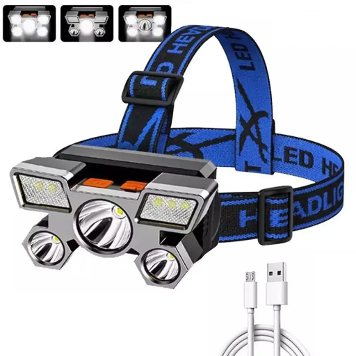 Lanternă frontală LED puternică cu încărcare micro USB, 5 moduri de iluminare, lanternă frontală reglabilă la 90° cu lumină principală și laterală
