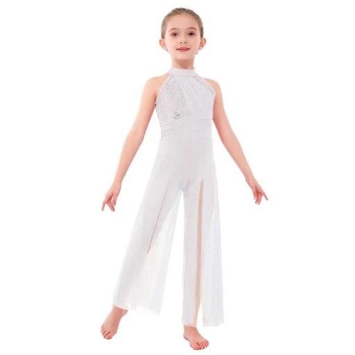 Lány táncos overál csipkés felsőrésszel és széles nadrágokkal, nylon halter nyakú overál lírai és modern tánchoz, valamint előadásokhoz