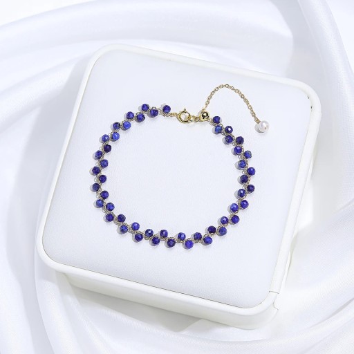 Lapis Lazuli Bracelet for Women with Cut Dark Blue Beads and Gold-Coloured Chain 16 - 20 x 3 mm Stone with Decorative Pearl Adjustable
