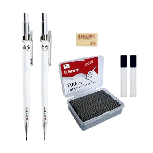 Lápis mecânico transparente 0,9 mm com mina 2B Lápis automático 14,3 cm Recargas intercambiáveis 2 tubos 1000 unidades de minas Material de desenho Material de escrita
