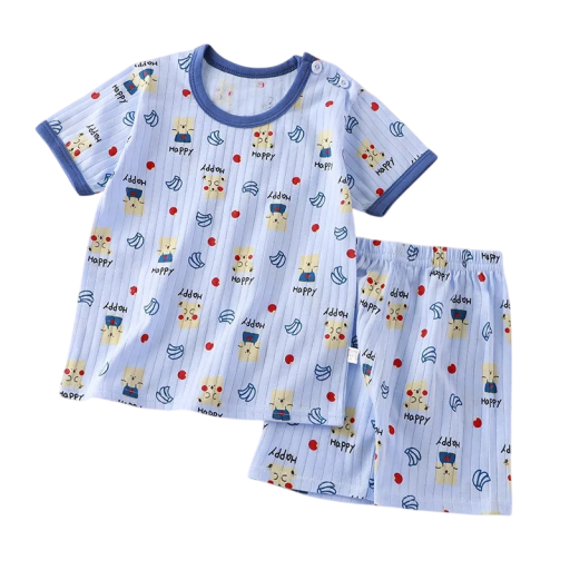 Lapsille suunnattu kesäsetti karhupainatuksella unisex T-paita lyhyillä hihoilla ja shortsit O-kaula-aukolla Sininen kompletti