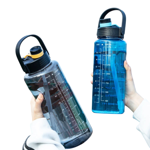 Large Capacity Sports Water Bottle 2 L with Straw Time Indicator Motivational Fitness Bottle BPA Free Drinking Bottle with Handle and Strap