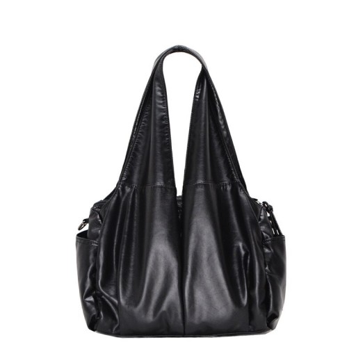 Large women's shoulder bag made of synthetic leather Soft ruched shape Handle emerging from the body of the bag Side pockets Black Dimensions 37 x 24
