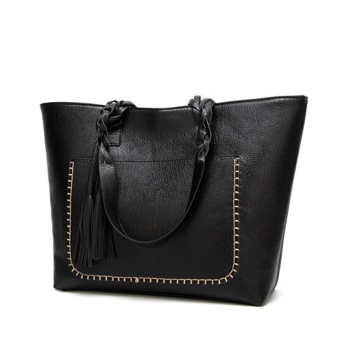 Large women's shoulder bag with woven handles and decorative tassel Decorative stitching on the front Artificial PU leather 32 x 30 x 12 cm