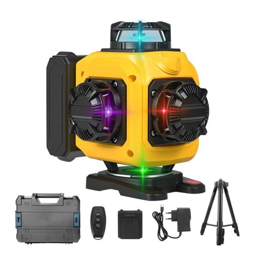 Laser-Nivelliergerät 4D 16 Linien mit Fernbedienung 360° horizontal und vertikal Reichweite 30 m Stativ 1 m und Koffer gelb