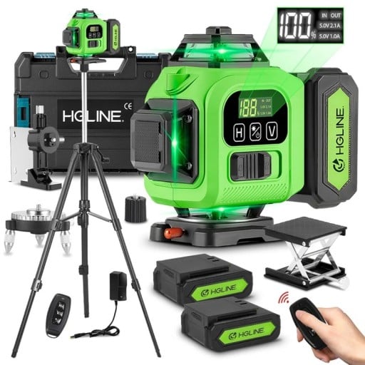 Laserová vodováha 4D se 16 zelenými liniemi s přesností 1 mm na 7 m a dosahem 25 m s bateriemi 6000 mAh stativem 100 cm a kufrem zeleno-černá