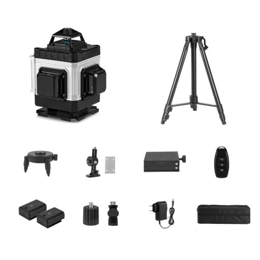 Laserwasserwaage 4D mit 16 Linien, mit einer Genauigkeit von 1 mm auf 7 m und einer Reichweite von 25 m, steuerbar über Bluetooth, Stativ 120 cm und Tasche schwarz-grün