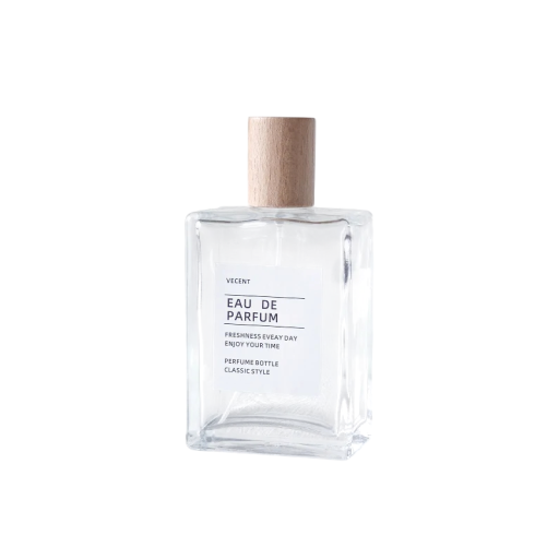 Lasipullo hajuvedelle neliömäinen muoto 30 ml läpinäkyvää lasia puukannella pipetillä ja suppilolla