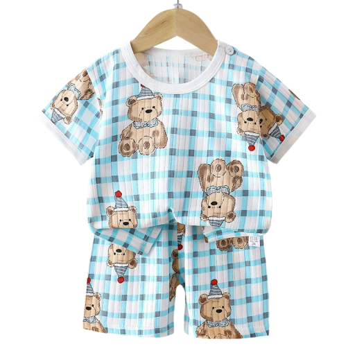Lasten kesäsetti unisex T-paita lyhyillä hihoilla ja napit O-kaula-aukko Sininen ruudullinen väri Karhupainatus Shortsit